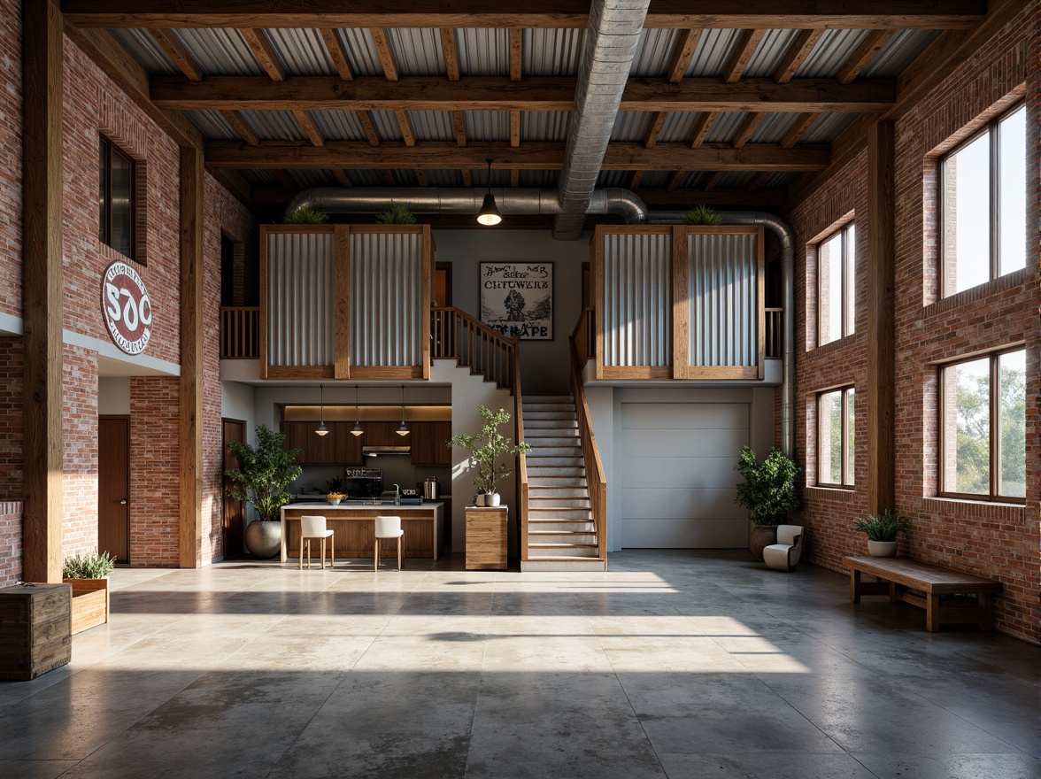 Prompt: Rustic warehouse facade, exposed brick walls, metal cladding, corrugated roofing, industrial chic aesthetic, distressed wood accents, vintage signage, urban loft atmosphere, reclaimed wooden beams, polished concrete floors, steel frame windows, minimalist decor, functional simplicity, neutral color palette, natural light pouring in, shallow depth of field, 2/3 composition, gritty textures, ambient occlusion.