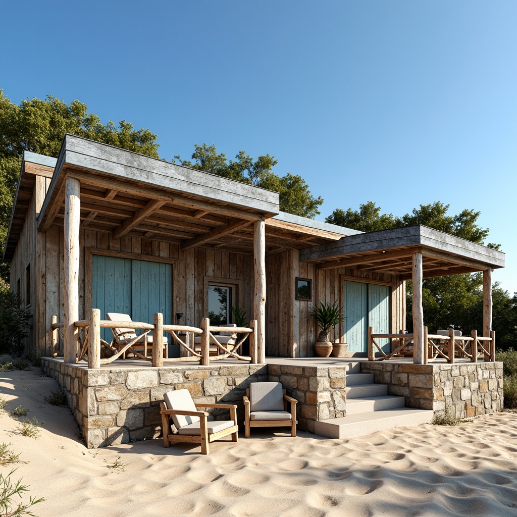 Prompt: Rustic coastal cottage, weathered wood planks, driftwood accents, sea-salt worn stone walls, corrugated metal roofs, nautical rope railings, distressed wooden shutters, ocean-blue painted doors, sandy dune surroundings, beachy vegetation, clear blue sky, warm sunny day, soft natural lighting, shallow depth of field, 3/4 composition, panoramic view, realistic textures, ambient occlusion.