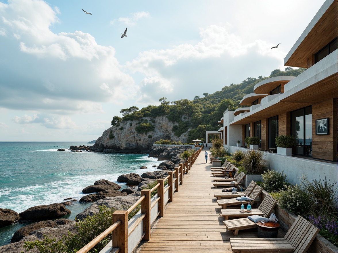 Prompt: Coastal cliffside, rugged shoreline, ocean waves, salty sea air, driftwood structures, weathered wooden decks, nautical ropes, seaside promenade, beach-inspired color palette, blue-green hues, coral patterns, ocean-breeze ventilation, large windows, sliding glass doors, cantilevered roofs, modern minimalist design, eco-friendly materials, sustainable energy systems, wind turbines, solar panels, green roofs, coastal vegetation, sandy dunes, seagulls flying overhead, cloudy sky with sunbeams, warm soft lighting, shallow depth of field, 3/4 composition, panoramic view, realistic textures, ambient occlusion.