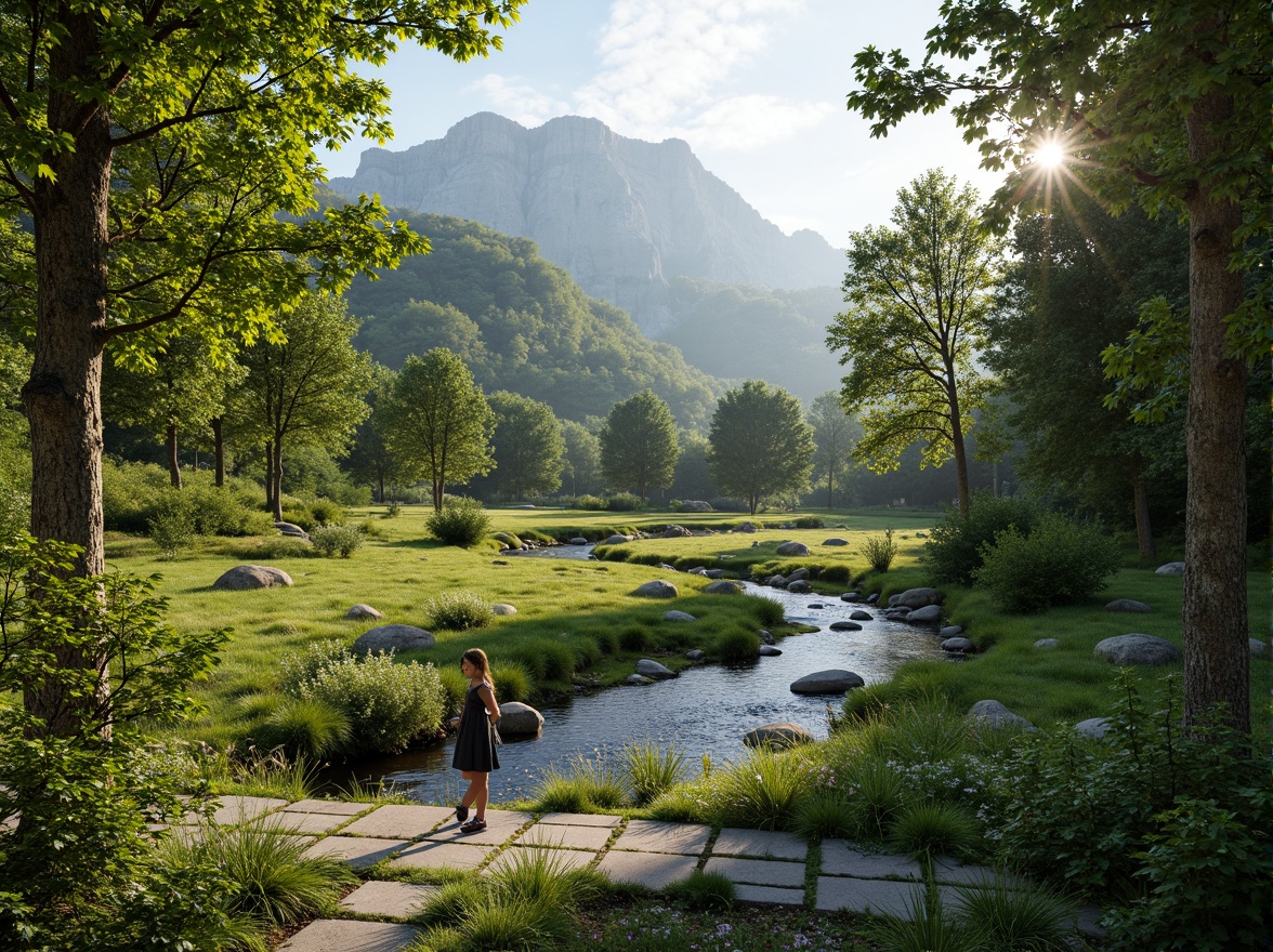 Prompt: Seamless landscape integration, harmonious blending with nature, lush green forests, winding streams, rustic stone pathways, natural rock formations, rolling hills, verdant meadows, vibrant wildflowers, serene atmosphere, warm sunlight, soft misty mornings, gentle breeze, 1/1 composition, symmetrical framing, atmospheric perspective, realistic foliage textures, subtle depth cues.