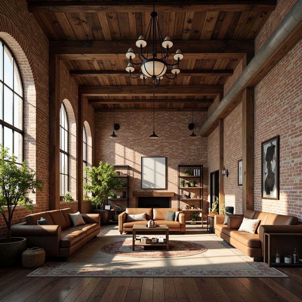 Prompt: Rustic loft interior, exposed brick walls, wooden beams, industrial metal accents, earthy color palette, warm beige tones, rich walnut woods, soft sage greens, creamy whites, weathered leather furnishings, distressed wood textures, ornate metal fixtures, vintage decorative items, dramatic high ceilings, grand chandeliers, natural light pouring in, shallow depth of field, 1/2 composition, warm golden lighting, realistic renderings.