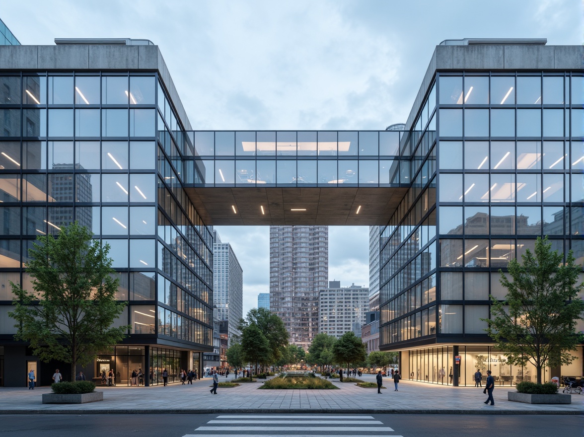 Prompt: Modernist building facade, rectangular forms, clean lines, minimal ornamentation, glass curtain walls, steel frames, reinforced concrete structures, flat roofs, open floor plans, functional simplicity, industrial materials, exposed ductwork, polished marble floors, aluminum window frames, minimalist decorative elements, urban cityscape background, cloudy blue sky, soft natural lighting, shallow depth of field, 2/3 composition.