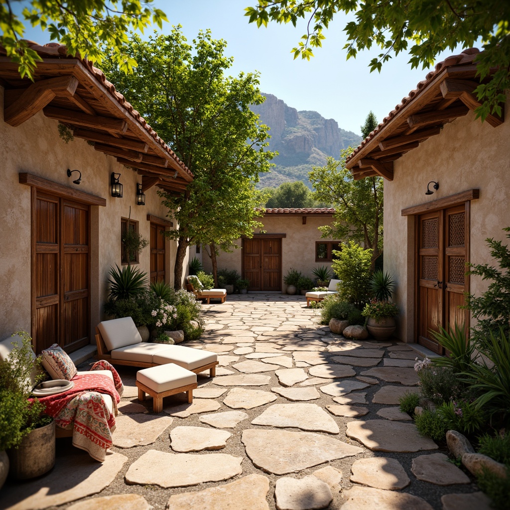 Prompt: Earthy village setting, traditional local materials, reclaimed wood accents, natural stone walls, curved tile roofs, vibrant colorful textiles, intricate geometric motifs, lush greenery, blooming flowers, rustic wooden doors, ornate metalwork details, warm soft lighting, shallow depth of field, 3/4 composition, panoramic view, realistic textures, ambient occlusion, earthy tones, organic forms, minimal modern amenities, eco-friendly furnishings, sustainable building practices, rainwater harvesting systems, passive solar design, natural ventilation systems.