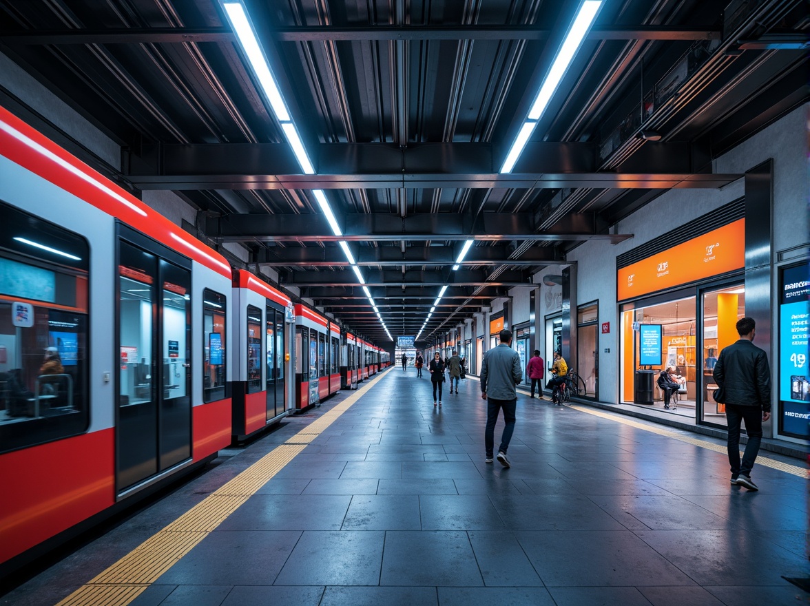 Prompt: Futuristic tram station, sleek metal framework, dynamic LED lighting, neon accents, glowing strips, modern minimalist architecture, industrial chic atmosphere, polished concrete floors, stainless steel pillars, futuristic train cars, high-tech information displays, digital signage, ambient occlusion, shallow depth of field, 1/1 composition, panoramic view, realistic metallic textures, soft warm glow, vibrant color scheme.