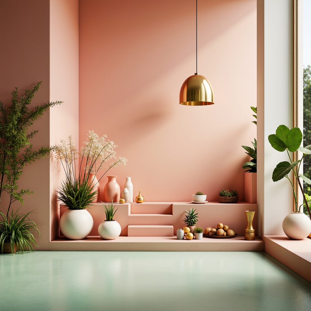 Prompt: Vibrant color scheme, pastel hues, soft peach tones, calming mint greens, rich berry shades, metallic accents, luxurious gold details, modern minimalist aesthetic, clean lines, simple shapes, bold typography, contrasting textures, subtle gradients, natural materials, earthy undertones, serene atmosphere, warm ambient lighting, shallow depth of field, 2/3 composition, realistic renderings, high-contrast highlights.