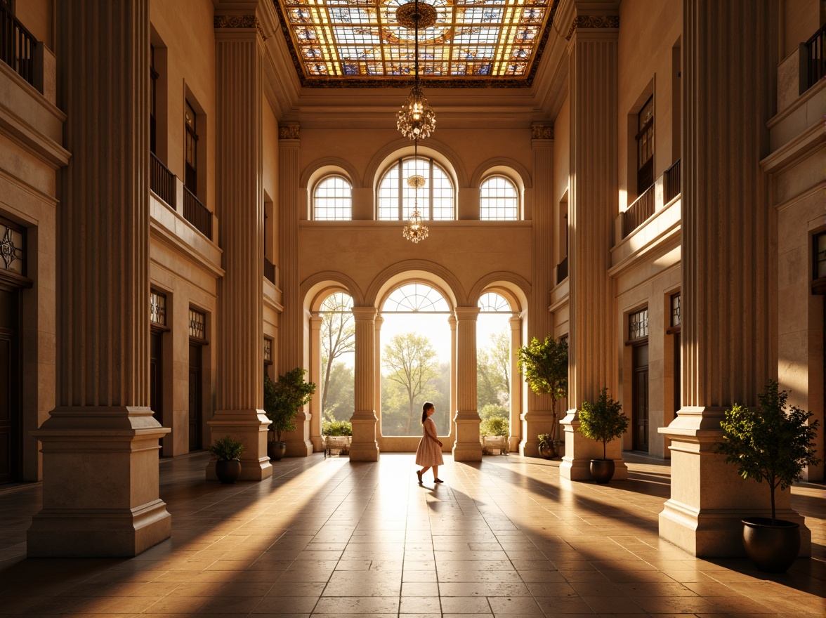 Prompt: Grand hospital entrance, ornate stone columns, majestic archways, soft warm lighting, golden hour ambiance, natural light pouring in through large windows, stained glass ceilings, intricate moldings, warm beige walls, elegant chandeliers, subtle LED lighting, ambient occlusion, realistic textures, 3/4 composition, symmetrical balance, serene atmosphere, healing environment.