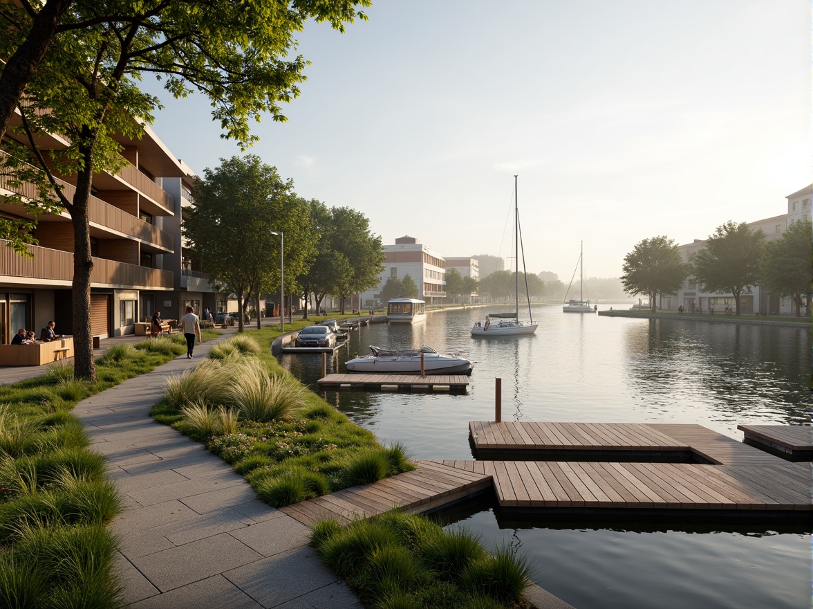 Prompt: Riverbank promenade, serene waterfront, lush greenery, winding walking paths, wooden docks, sailboats, rippling water effects, misty morning atmosphere, soft warm lighting, shallow depth of field, 3/4 composition, panoramic view, realistic textures, ambient occlusion, modern riverbank architecture, sleek glass facades, cantilevered roofs, minimalist design, sustainable energy solutions, green roofs, eco-friendly materials, innovative cooling technologies, shaded outdoor spaces, misting systems.