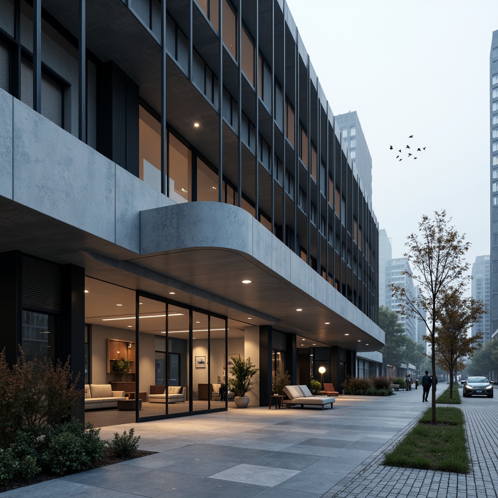 Prompt: Streamlined Moderne building, curved lines, minimalist fa\u00e7ade, monochromatic color scheme, sleek metallic accents, large windows, sliding glass doors, polished concrete floors, industrial-chic lighting fixtures, urban cityscape, morning misty atmosphere, soft diffused natural light, shallow depth of field, 2/3 composition, cinematic view, realistic reflections, ambient occlusion.