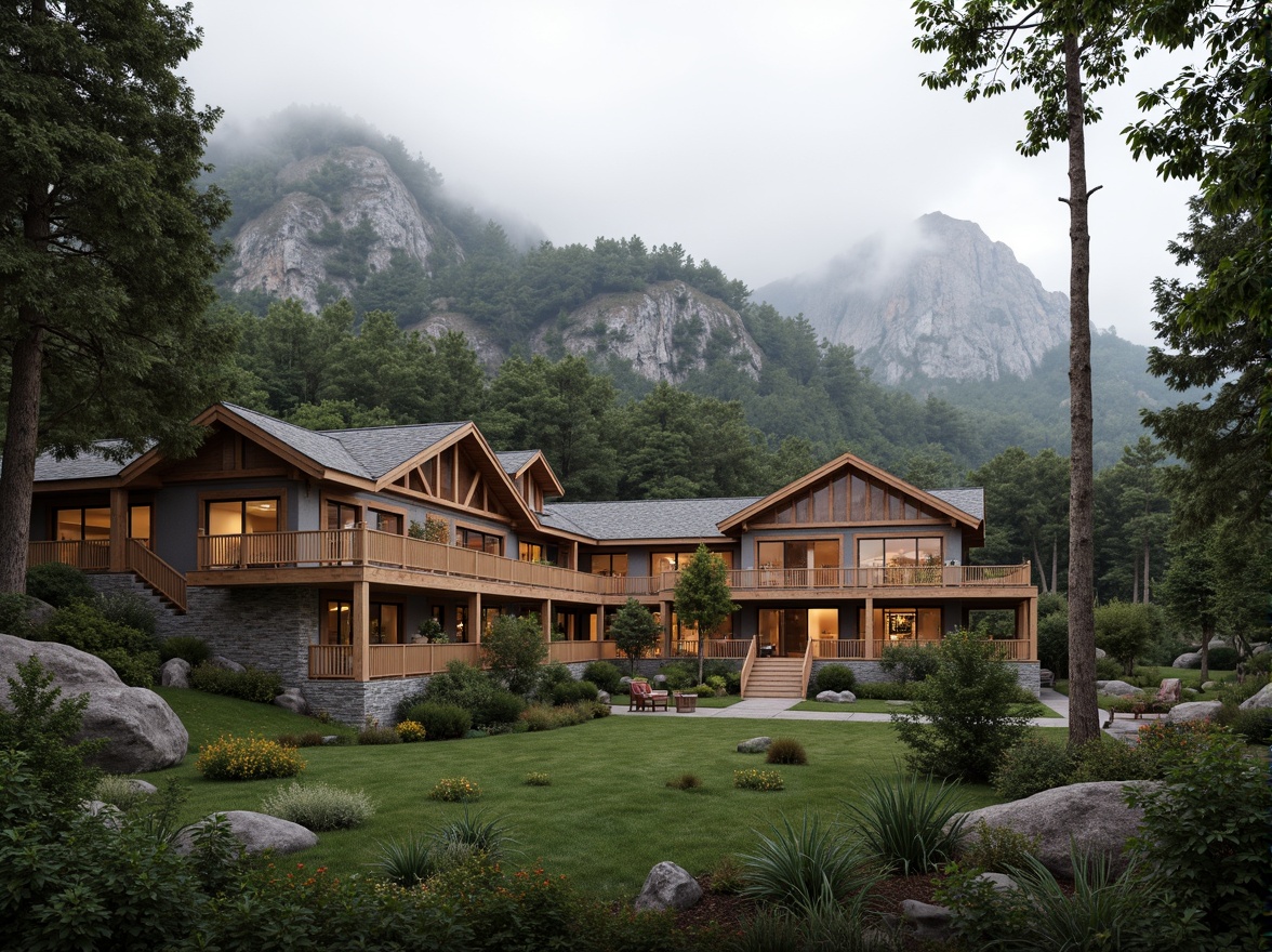 Prompt: \Harmonious mountain lodge, rustic wooden accents, earthy color palette, natural stone foundations, sloping roofs, panoramic windows, seamless indoor-outdoor transitions, lush greenery surroundings, towering trees, misty atmosphere, warm soft lighting, shallow depth of field, 3/4 composition, realistic textures, ambient occlusion.\