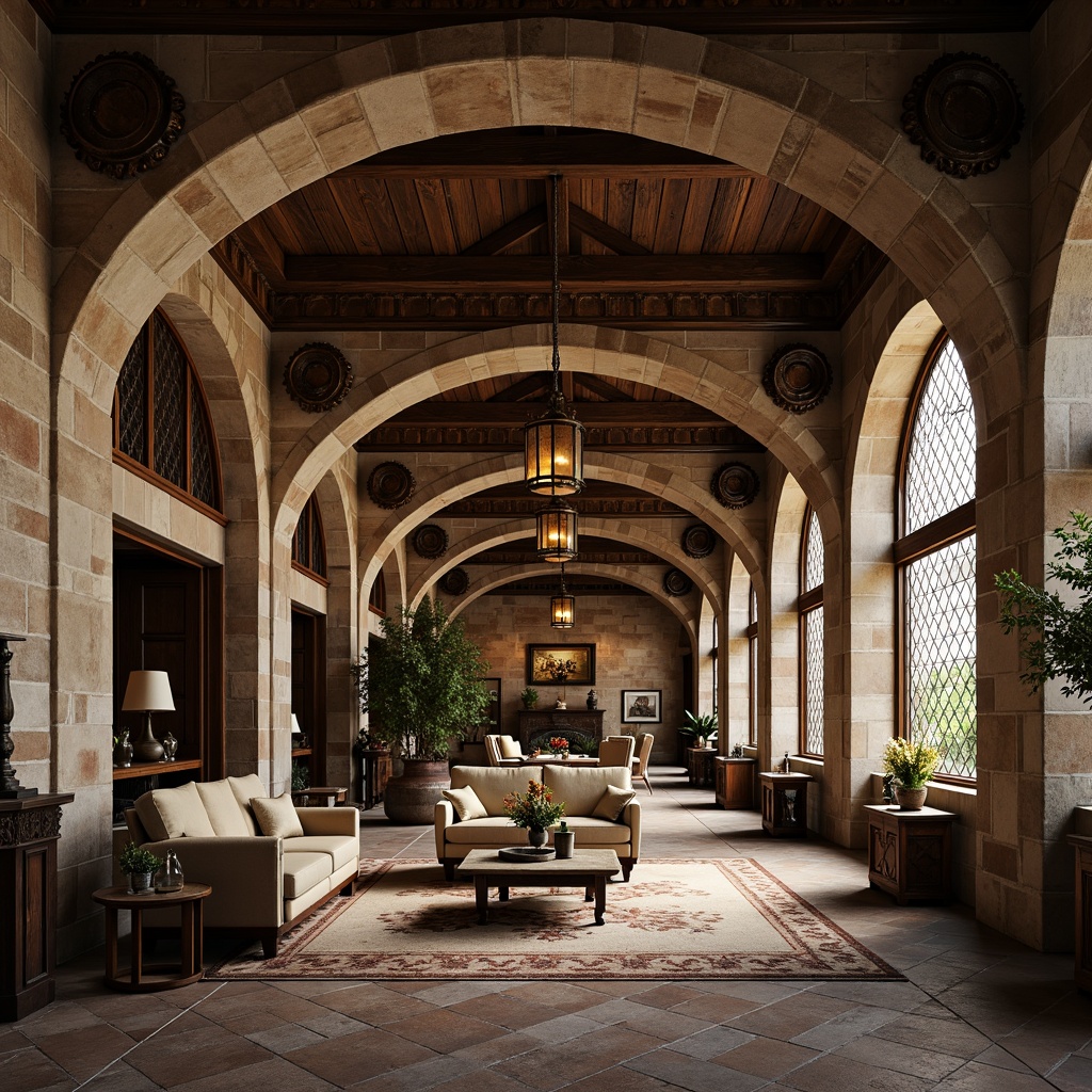 Prompt: Grand archways, rustic stone walls, ornate carvings, wooden beam ceilings, exposed brick facades, ornamental ironworks, stained glass windows, soft warm lighting, cozy atmosphere, intimate scale, medieval-inspired decor, earthy color palette, natural textures, distressed finishes, vintage furniture, luxurious fabrics, 3/4 composition, shallow depth of field, realistic render.