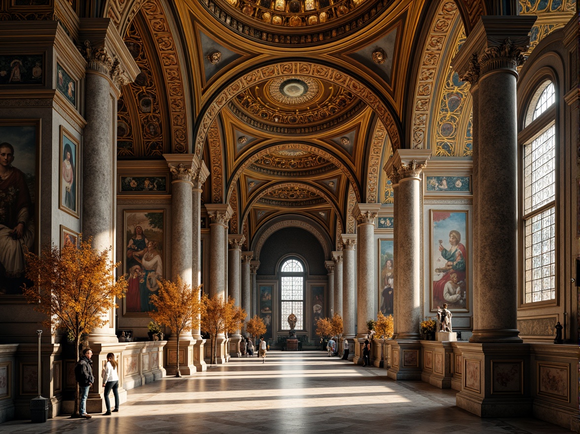 Prompt: Intricate mosaics, golden domes, ornate arches, lavish frescoes, ornamental columns, carved capitals, marble floors, Byzantine patterns, luxurious textiles, richly adorned icons, grandiose chandeliers, elaborate stone carvings, vibrant stained glass windows, high ceilings, dramatic lighting, atmospheric ambiance, 3/4 composition, symmetrical arrangement, realistic textures, ambient occlusion.