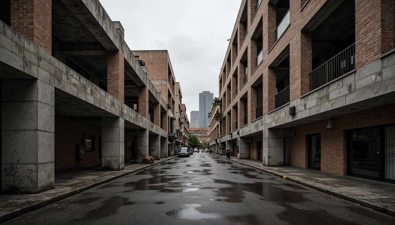 Prompt: Gritty brutalist architecture, rugged concrete textures, industrial steel beams, raw brick facades, monochromatic color scheme, muted earth tones, weathered stone walls, distressed wood accents, minimalist decor, urban cityscape, overcast skies, dramatic shadows, high-contrast lighting, bold geometric forms, abstract compositions, moody atmospheric effects.