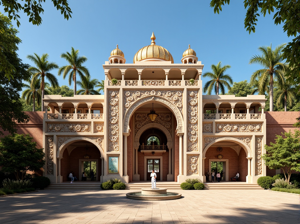 Prompt: Intricate stone carvings, ornate arches, golden domes, vibrant mosaic patterns, majestic entrance gates, imposing columns, rustic brick walls, lush greenery, exotic trees, sunny day, warm soft lighting, shallow depth of field, 3/4 composition, panoramic view, realistic textures, ambient occlusion, Byzantine-inspired facades, grandiose zoo architecture, animal enclosures, visitor walkways, educational signs, natural stone paving, ornamental fountains.