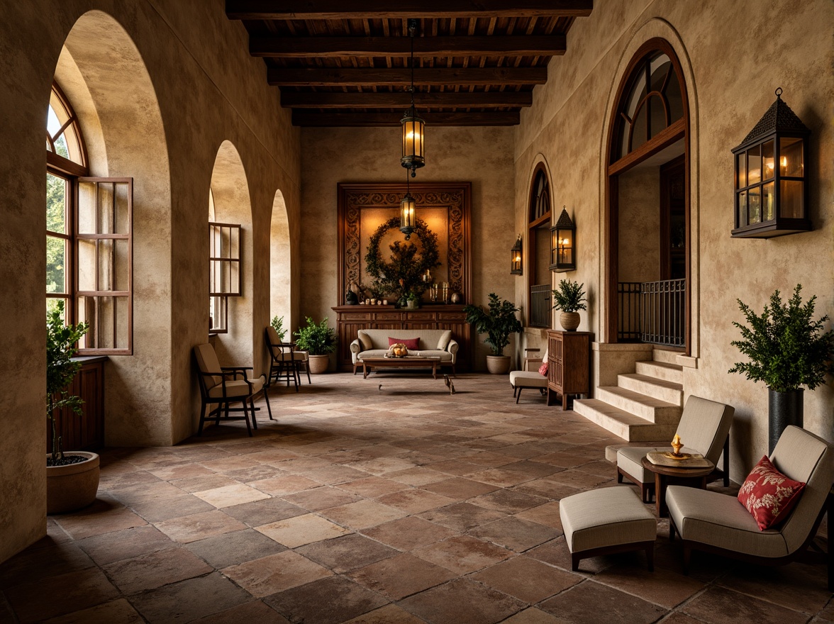 Prompt: Grand archways, rustic stone walls, ornate carvings, vaulted ceilings, dramatic lighting, warm earthy tones, rich textures, Mediterranean-inspired decor, distressed wooden beams, vintage metal lanterns, elegant staircases, cozy nooks, plush furnishings, natural fabrics, earthy scents, soft warm glow, low-angle shot, atmospheric perspective, cinematic composition, realistic materials, subtle weathering effects.