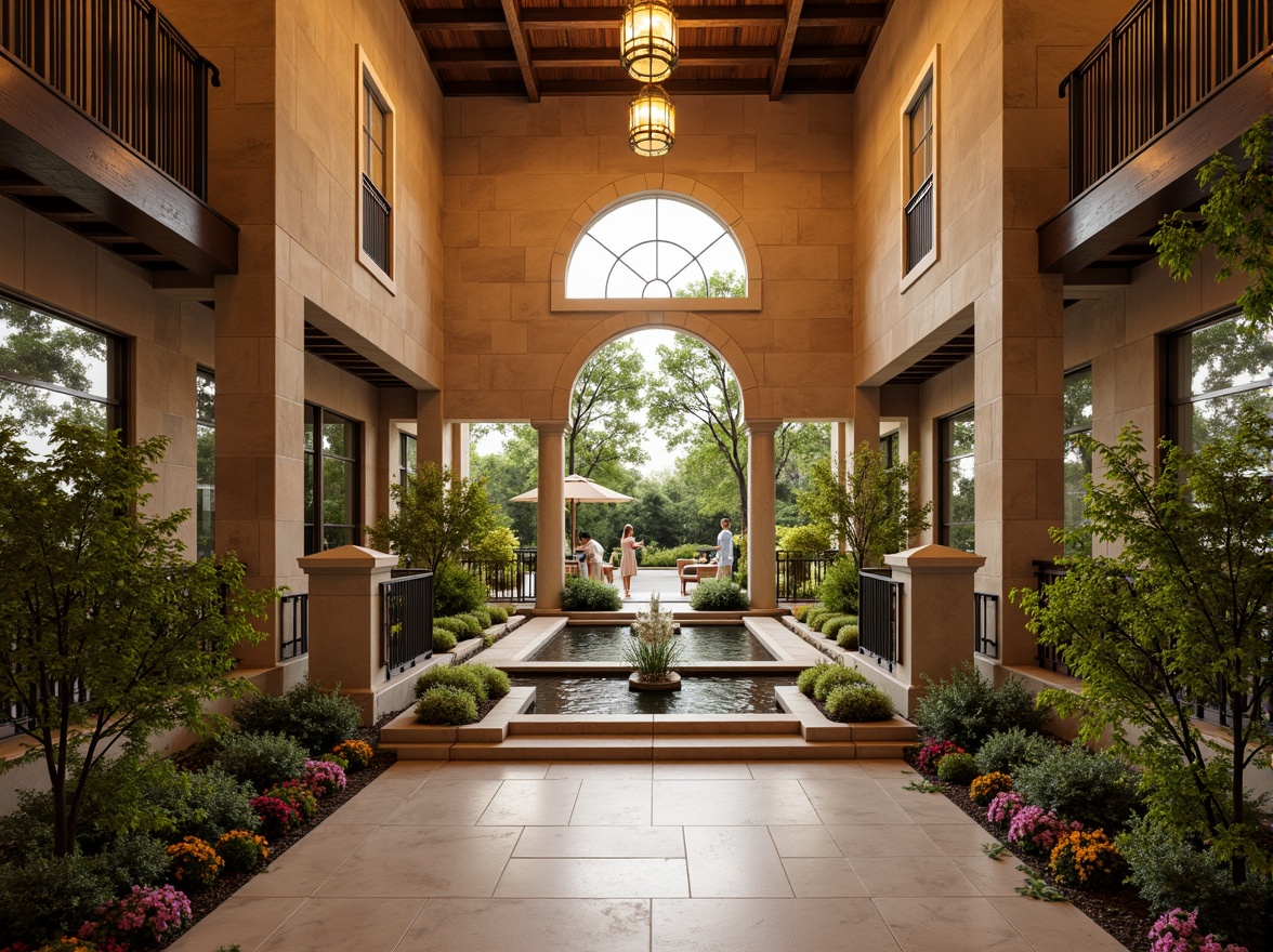 Prompt: Grand entrance, symmetrical composition, ornate details, classical columns, arched windows, rustic stone walls, warm golden lighting, inviting atmosphere, lush greenery, blooming flowers, vibrant colors, dynamic water features, modern minimalist accents, sleek metal railings, elegant glass doors, sophisticated architectural lines, harmonious proportions, visually appealing, stunning visual effects.