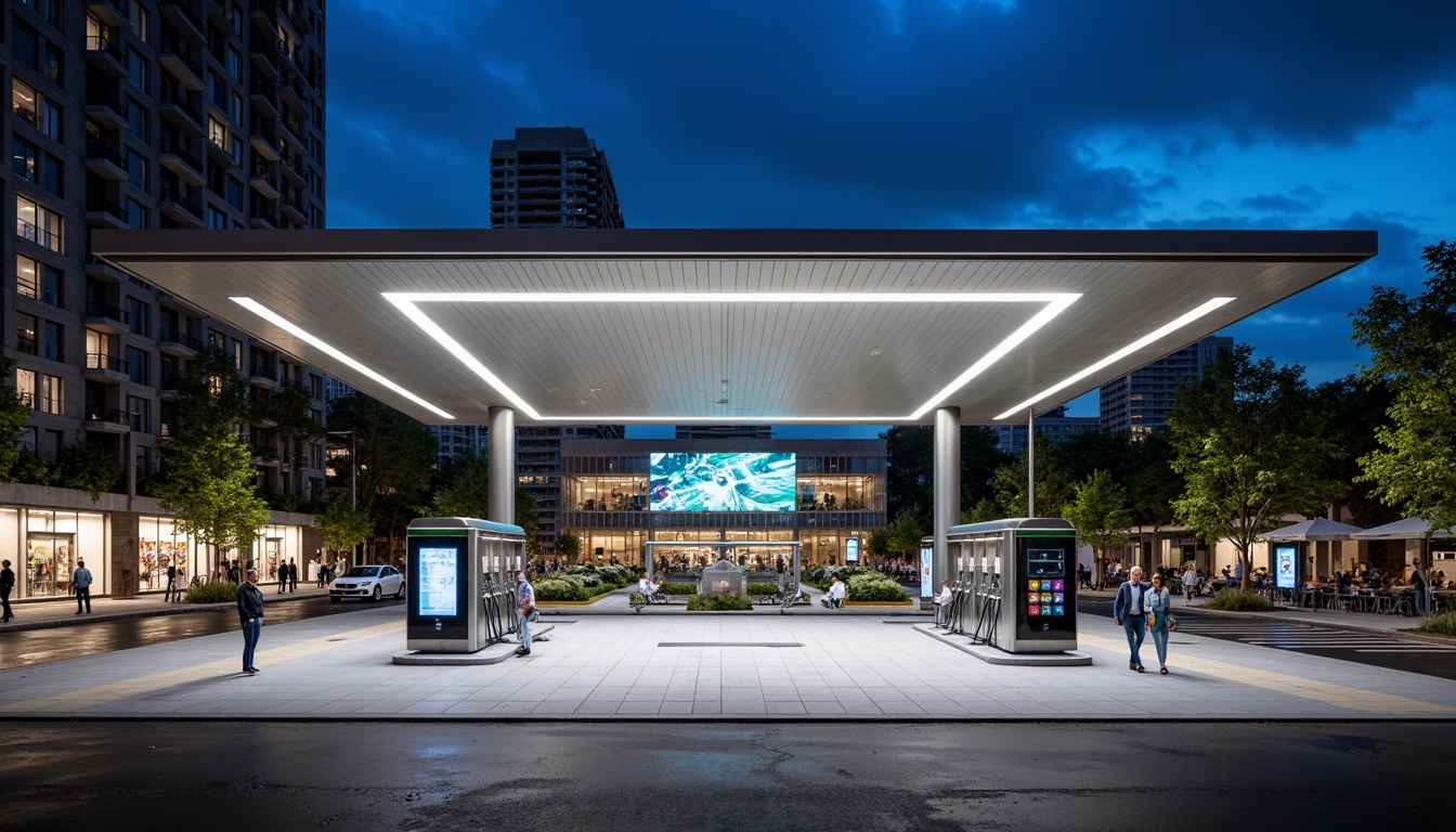 Prompt: Modern gas station, sleek metal canopy, stainless steel pillars, LED lighting system, futuristic fuel pumps, digital display screens, concrete flooring, industrial-style signage, minimalist design, eco-friendly materials, sustainable energy solutions, solar panels, green roofs, shaded outdoor spaces, misting systems, urban cityscape, busy streets, vibrant night lighting, shallow depth of field, 3/4 composition, panoramic view.