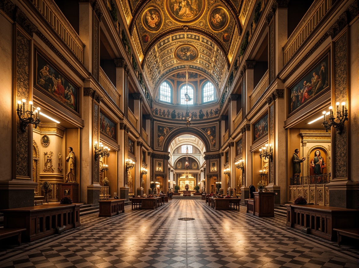 Prompt: Intricate mosaics, golden domes, ornate arches, grandiose vaulted ceilings, richly patterned marble floors, elaborate iconostases, gilded accents, lavish frescoes, ornamental capitals, slender columns, intricate carvings, vibrant apse murals, regal thrones, solemn religious artifacts, warm candlelight, soft misty atmosphere, 1/1 composition, symmetrical framing, high contrast lighting, detailed textures, ambient occlusion.