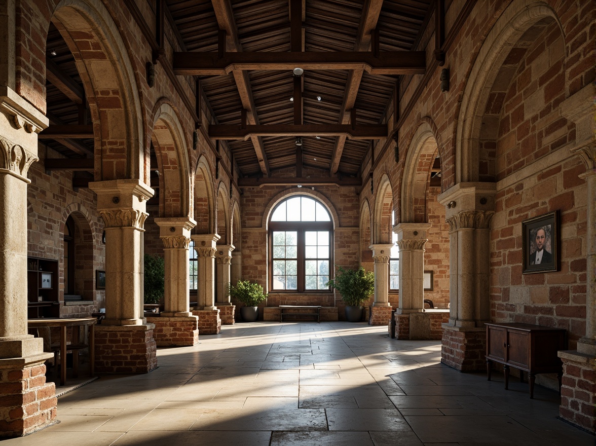 Prompt: Rustic archways, weathered stone walls, ornate carvings, grand entrance, majestic columns, vaulted ceilings, Romanesque Revival architecture, industrial chic loft interior, exposed brick, metal beams, reclaimed wood accents, earthy color palette, warm ambient lighting, soft focus, atmospheric perspective, 1/2 composition, realistic textures, subtle film grain.