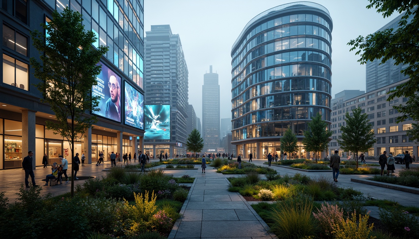 Prompt: Curved futuristic buildings, iridescent glass facades, neon lights, holographic advertisements, virtual reality interfaces, cyberpunk cityscape, misty atmosphere, warm ambient lighting, shallow depth of field, 3/4 composition, panoramic view, realistic metallic textures, ambient occlusion, lush green roofs, hydroponic gardens, vertical farming systems, natural stone walkways, LED light installations, interactive art exhibits, immersive experiences, fusion of technology and nature, sustainable eco-friendly design.