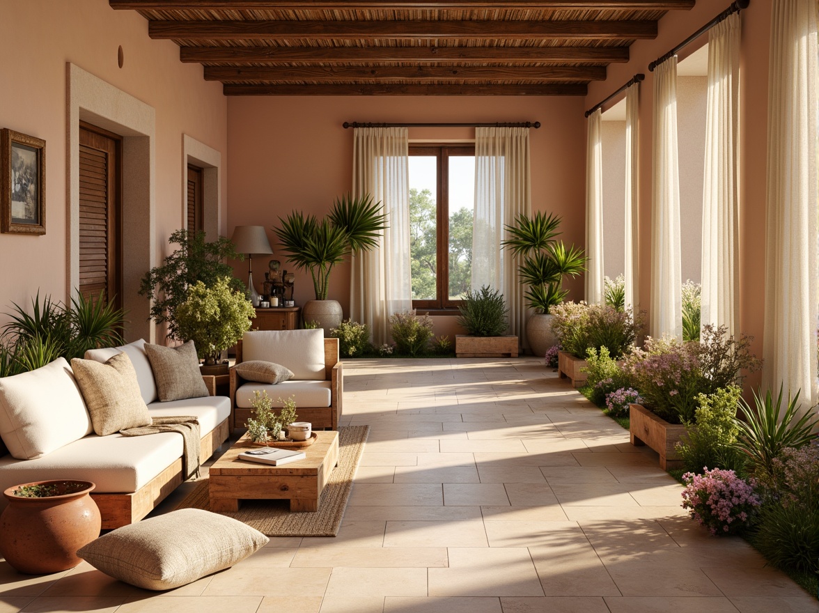 Prompt: Warm and inviting colors, soft pastel hues, creamy whites, rich wood tones, natural stone textures, lush greenery, vibrant florals, golden lighting, cozy ambiance, comfortable seating areas, plush throw pillows, rustic wooden accents, earthy terracotta pots, blooming flower arrangements, delicate lace curtains, warm beige walls, soft peach tones, calming blue undertones, serene atmosphere, shallow depth of field, 3/4 composition, realistic textures, ambient occlusion.