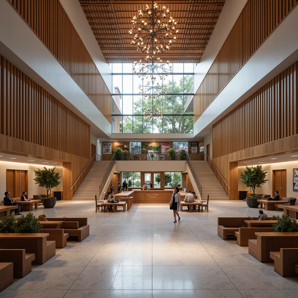 Prompt: Modern courthouse interior, sleek wooden paneling, marble flooring, grand staircase, elegant chandeliers, spacious atrium, natural light pouring in, comfortable seating areas, quiet waiting rooms, advanced security systems, digital displays, informative signage, neutral color palette, minimalist decor, functional furniture design, acoustic panels, soundproofing materials, professional lighting schemes, 1/1 composition, shallow depth of field, soft warm lighting.