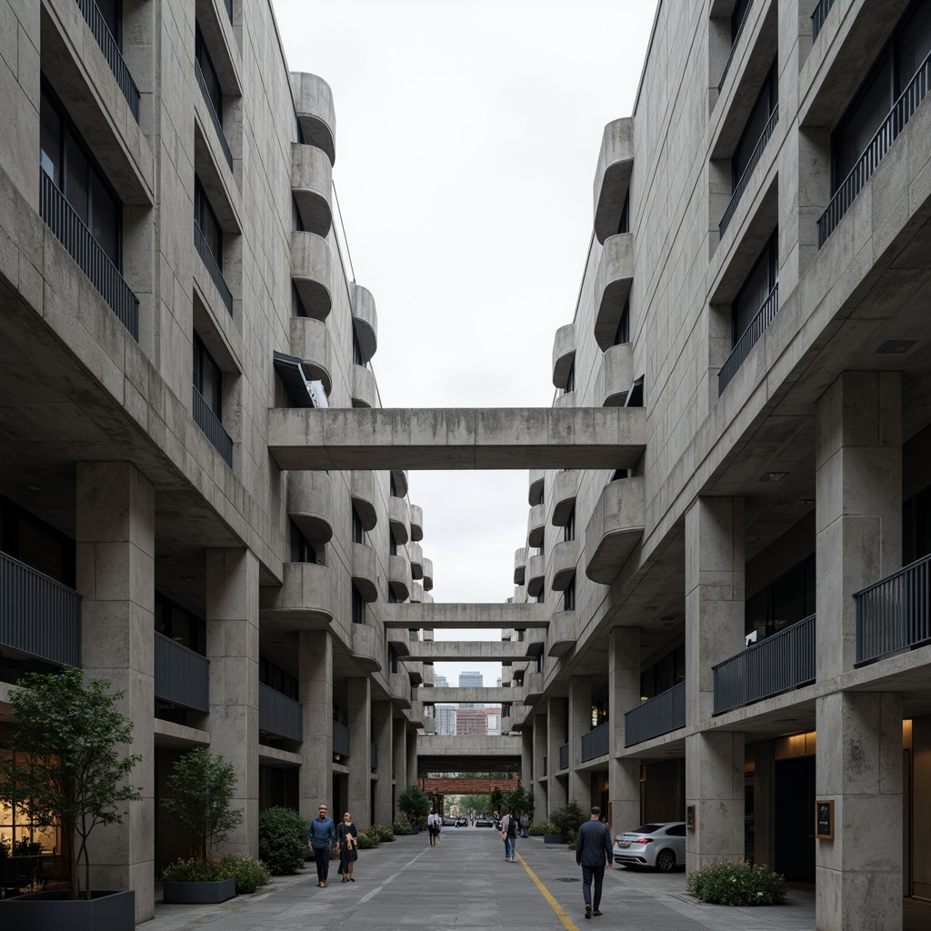 Prompt: Brutalist concrete buildings, rugged stone walls, industrial metal frames, raw exposed ductwork, minimalist decorative elements, functional simplicity, clean lines, geometric shapes, monumental scales, urban cityscape, overcast skies, dramatic shadows, high-contrast lighting, deep depth of field, 1/1 composition, symmetrical axis, bold structural forms, tactile materiality, weathered patinas, distressed finishes.