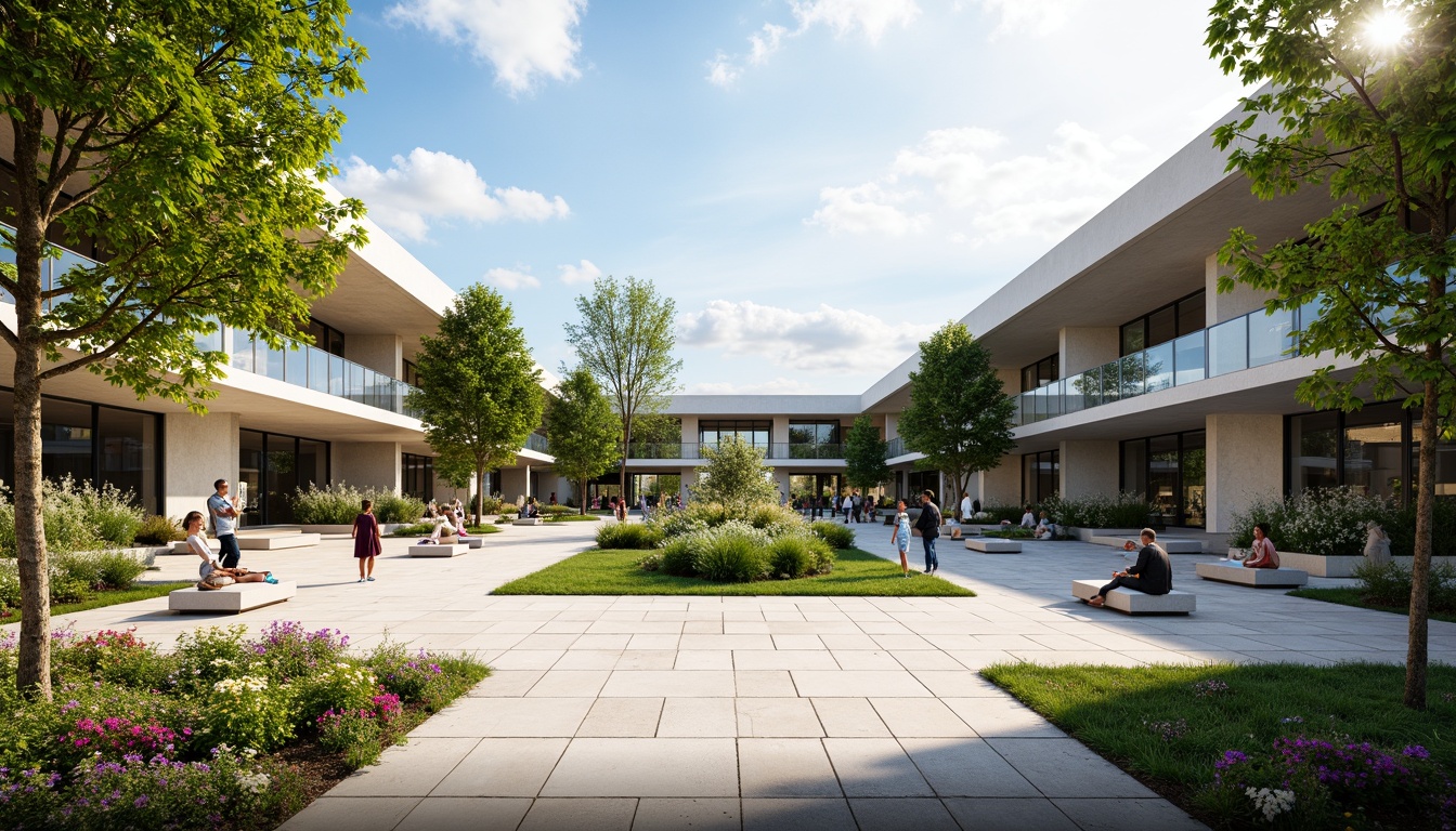 Prompt: Spacious open plaza, natural stone pavement, lush greenery, vibrant flowers, modern sculptures, sleek benches, minimalist landscaping, cantilevered roofs, floor-to-ceiling windows, transparent glass railings, warm sunny day, soft warm lighting, shallow depth of field, 3/4 composition, panoramic view, realistic textures, ambient occlusion.