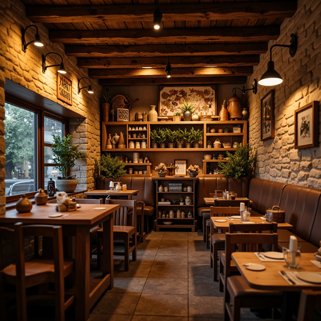 Prompt: Cozy regional restaurant, warm earthy tones, rich wood accents, vintage decorative items, local cultural patterns, traditional cooking utensils, rustic stone walls, dimmed warm lighting, intimate seating areas, regional cuisine signs, folk-inspired music, lively bustling atmosphere, shallow depth of field, 1/2 composition, realistic textures, ambient occlusion.