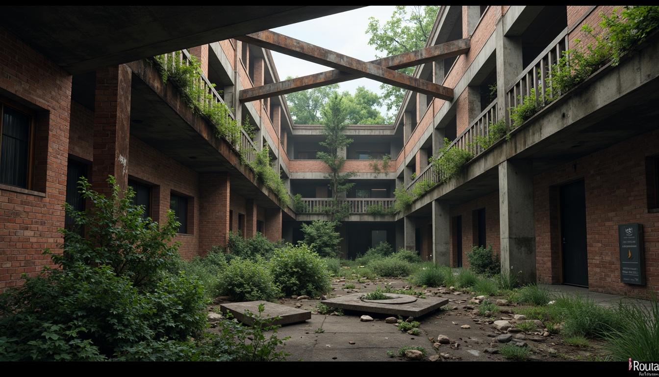 Prompt: Abandoned industrial sites, crumbling brick walls, rusty metal beams, overgrown vegetation, distressed textures, cinematic lighting, low-angle shots, gritty urban atmosphere, deconstructivist architecture, fragmented structures, avant-garde design, brutalist elements, concrete columns, steel frames, reclaimed wood accents, moody color palette, high-contrast imagery, dramatic shadows, atmospheric fog, 3/4 composition, cinematic framing, realistic rendering, ambient occlusion.Please let me know if this meets your requirements!