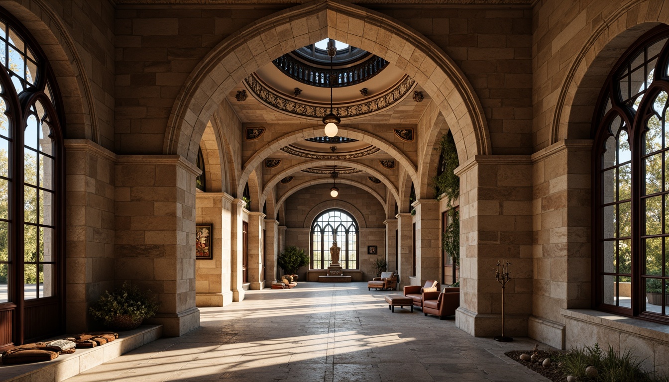 Prompt: Rustic stone walls, rounded arches, ornate carvings, grand entranceways, ribbed vaults, groin vaults, barrel ceilings, clerestory windows, stained glass details, intricate moldings, heavy stone columns, ornamental capitals, earthy color palette, soft natural lighting, atmospheric shadows, warm ambient Occlusion, 2/3 composition, symmetrical framing, realistic textures, subtle weathering effects.