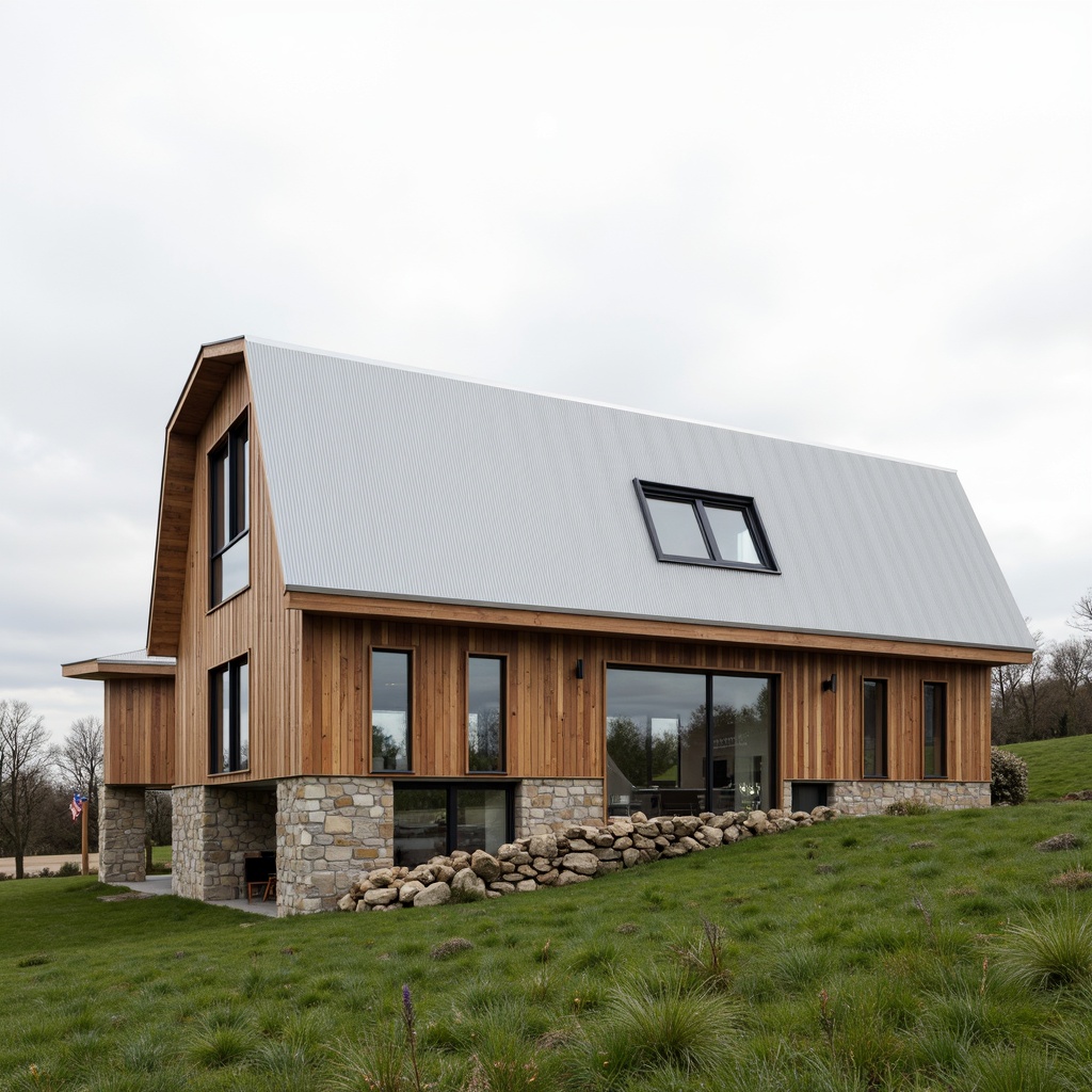 Prompt: Rustic barn, streamlined modern facade, silver metal cladding, wooden accents, large windows, sliding glass doors, minimalist ornamentation, clean lines, simple shapes, earthy color palette, natural stone foundation, grassy surroundings, serene countryside, overcast sky, soft diffused lighting, shallow depth of field, 3/4 composition, realistic textures, ambient occlusion.