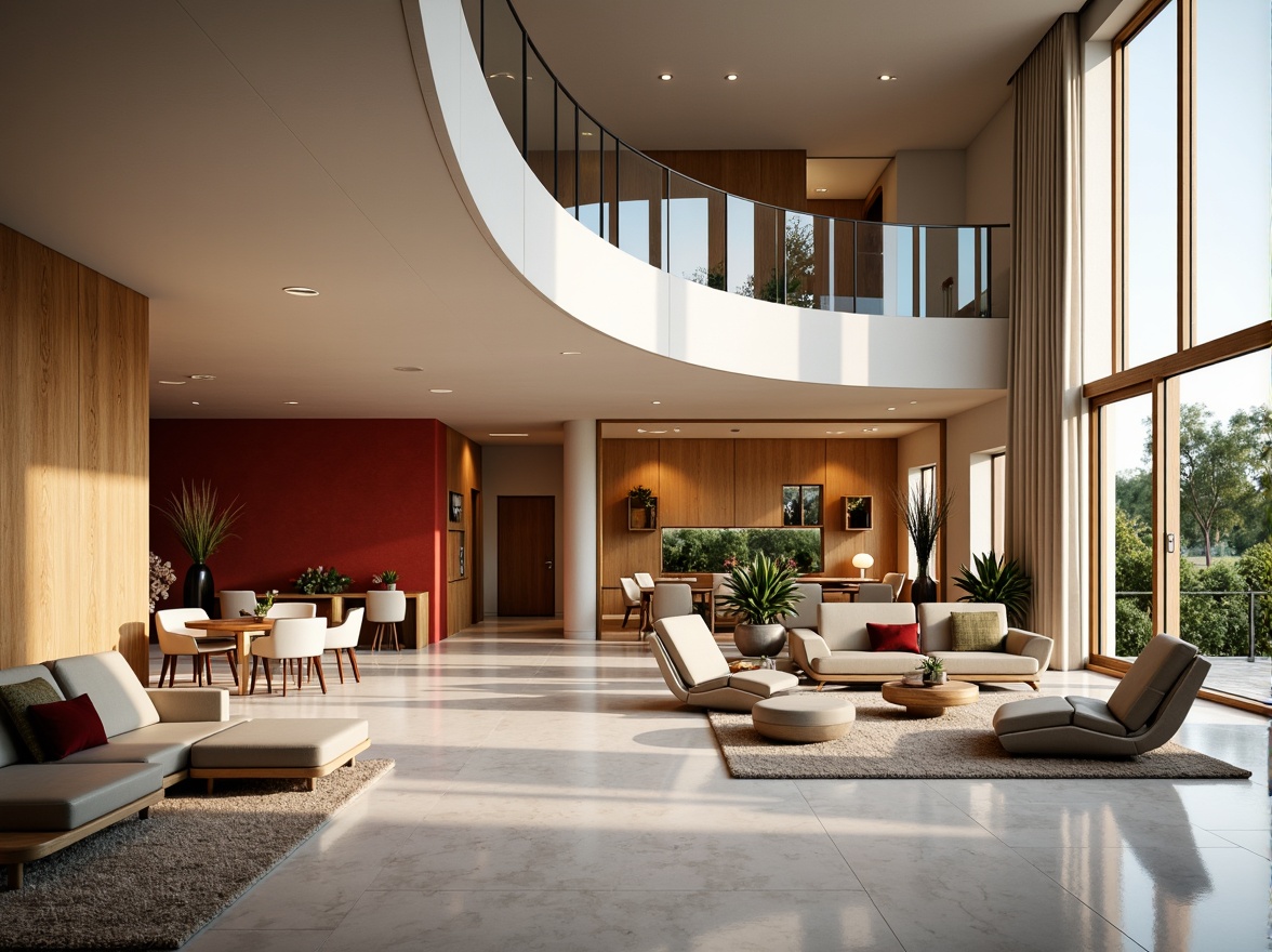 Prompt: Elegant fusion-style interior, open-plan living area, high ceilings, polished marble floors, minimalist decor, modern furniture pieces, curved lines, vibrant accent walls, natural light pouring in, floor-to-ceiling windows, sliding glass doors, cozy reading nooks, plush area rugs, ambient lighting, 3/4 composition, soft warm color palette, realistic textures, subtle shadowing.