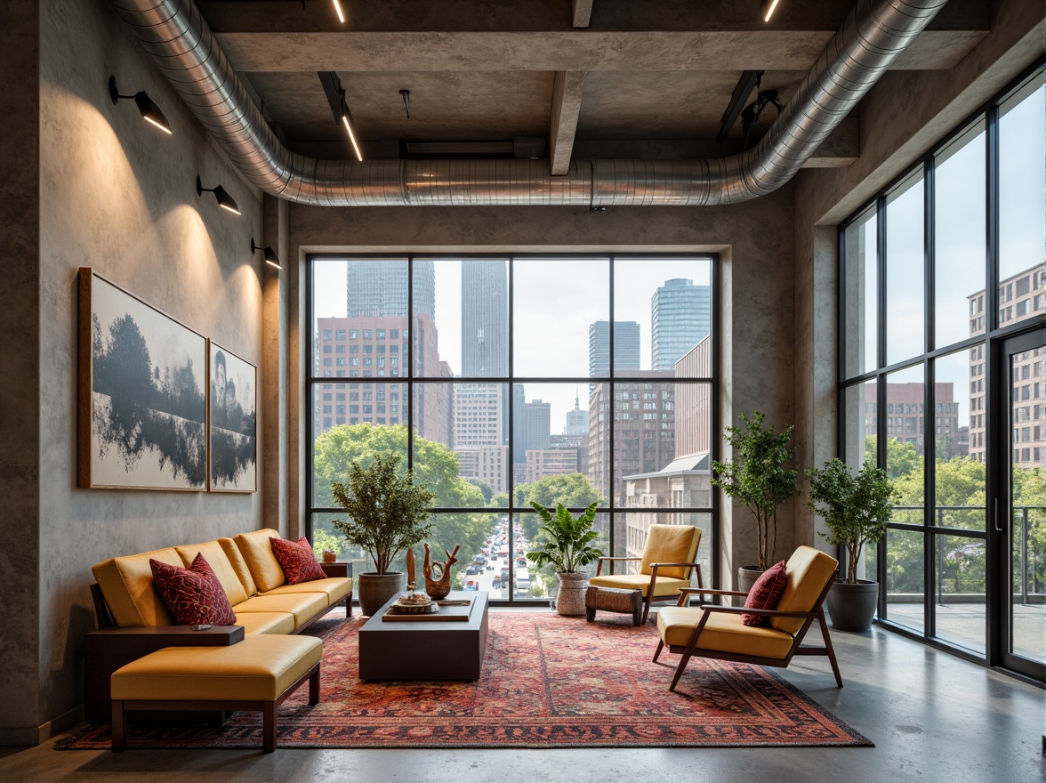 Prompt: Open-plan living area, minimalist decor, industrial-style lighting fixtures, polished concrete floors, exposed ductwork, functional modular furniture, bold color accents, eclectic artwork, geometric patterned rugs, abstract sculptures, floor-to-ceiling windows, natural light pouring in, urban cityscape views, busy street scenes, 1/1 composition, shallow depth of field, warm soft focus, subtle textures, ambient occlusion.