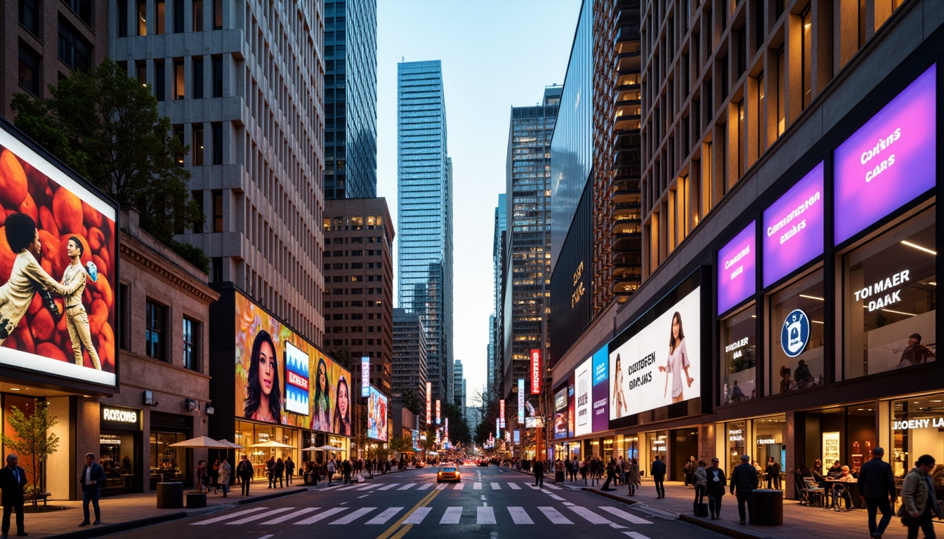 Prompt: Vibrant cityscape, urban skyscrapers, neon lights, bustling streets, eclectic mix of modern and historic buildings, bold color blocking, contrasting textures, metallic accents, glass facades, contemporary art installations, pedestrian-friendly walkways, dynamic street performers, warm golden lighting, shallow depth of field, 2/3 composition, cinematic atmosphere, realistic reflections.