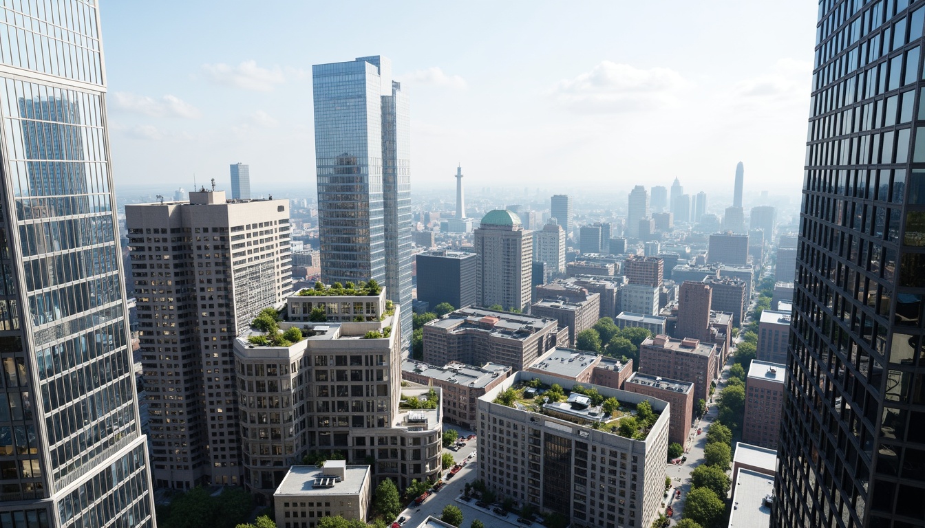 Prompt: Panoramic cityscape views, sleek modern skyscrapers, reflective glass fa\u00e7ades, angular rooflines, cantilevered structures, minimalist design, optimized natural lighting, energy-efficient systems, solar panels, wind turbines, green roofs, eco-friendly materials, innovative cooling technologies, shaded outdoor spaces, misting systems, strategic building orientation, southeastern exposure, morning sunlight, afternoon shading, breathtaking urban vistas, 3/4 composition, realistic textures, ambient occlusion.