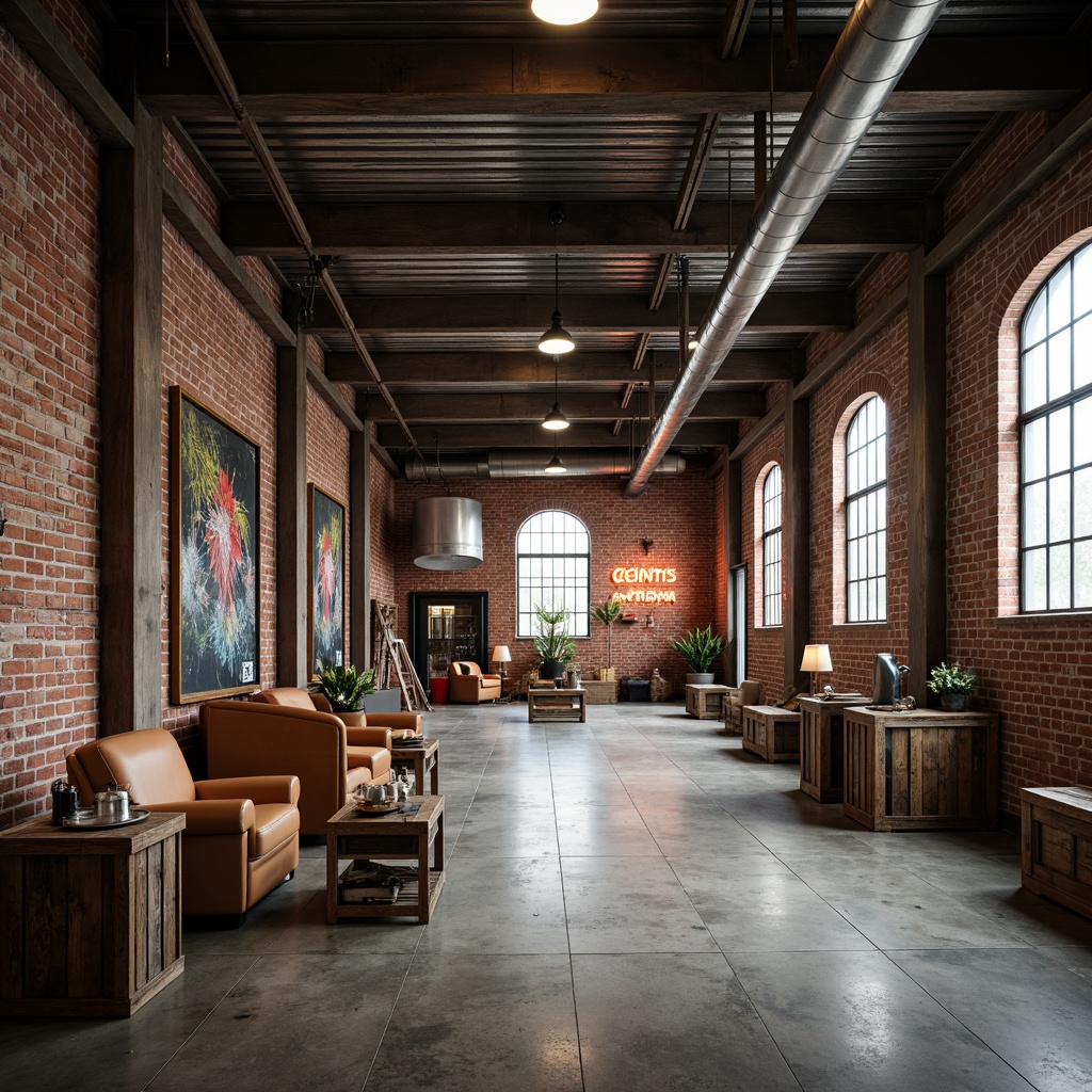 Prompt: Industrial warehouse interior, exposed brick walls, polished concrete floors, steel beams, corrugated metal roofing, reinforced glass windows, weathered wooden crates, distressed leather furniture, metallic accents, neon signage, urban atmosphere, soft warm lighting, shallow depth of field, 2/3 composition, realistic textures, ambient occlusion.