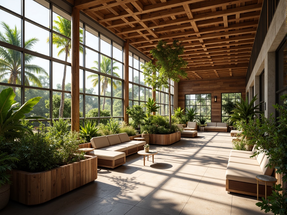 Prompt: Welcoming visitor center, abundant natural light, floor-to-ceiling windows, wooden beams, open atrium, lush greenery, tropical plants, warm earthy tones, minimalist decor, reclaimed wood accents, nature-inspired patterns, soft diffused lighting, morning sunlight, gentle shadows, 1/2 composition, shallow depth of field, panoramic view, realistic textures, ambient occlusion.