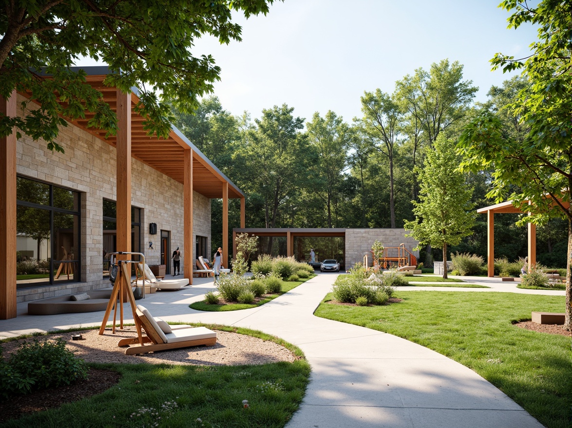 Prompt: Vibrant fitness club exterior, lush greenery, natural stone walls, wooden accents, outdoor exercise stations, resistance band anchors, calisthenics equipment, benches, walking paths, water features, modern architectural design, large glass windows, sliding doors, sunny day, soft warm lighting, shallow depth of field, 3/4 composition, panoramic view, realistic textures, ambient occlusion.