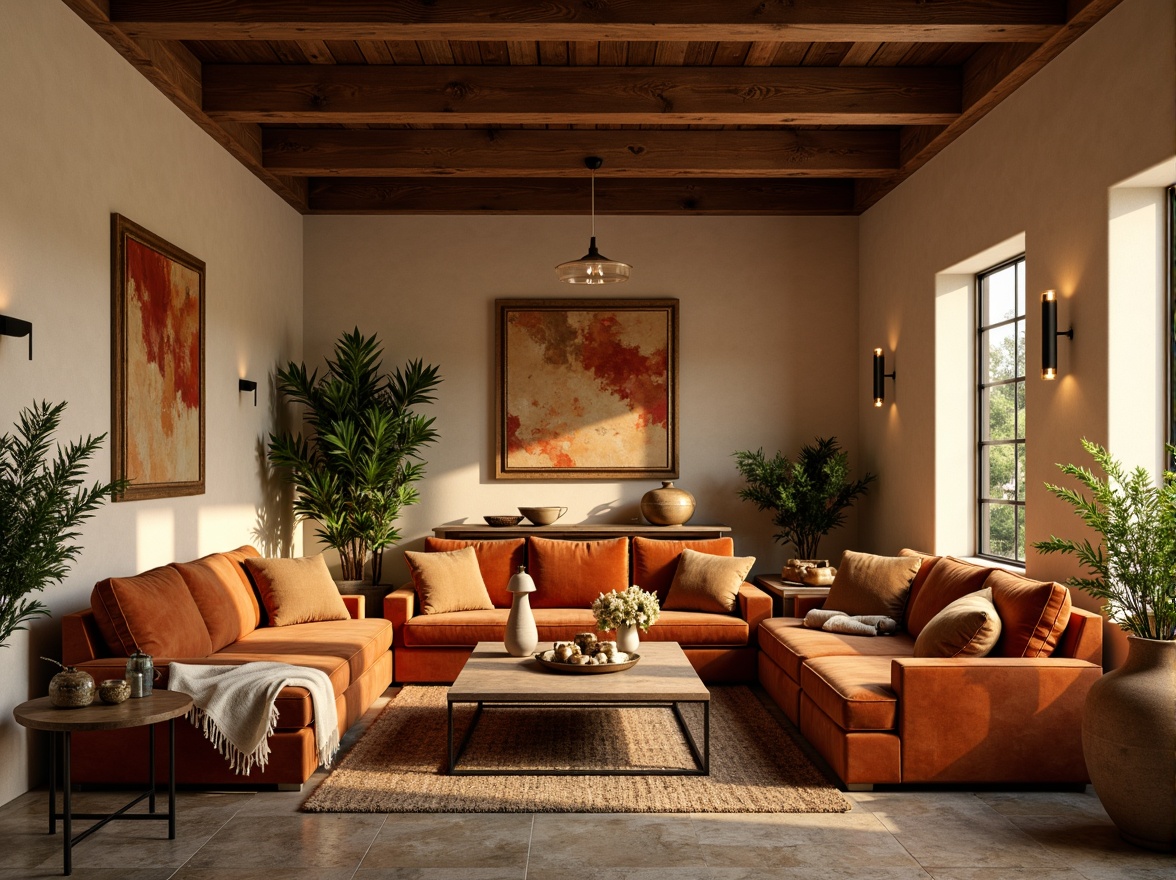 Prompt: Warm beige walls, rich walnut wood accents, plush velvet furnishings, soft golden lighting, inviting earthy tones, natural stone floors, cozy throw blankets, rustic metal decor, vintage decorative items, warm terracotta planters, lush greenery, blooming flowers, serene atmosphere, shallow depth of field, 3/4 composition, panoramic view, realistic textures, ambient occlusion.