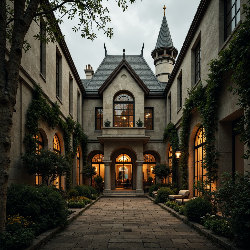 Prompt: Grand villa entrance, pointed archways, ribbed vaults, ornate carvings, Gothic spires, majestic turrets, stone gargoyles, mysterious lanterns, intricate stonework patterns, ivy-covered walls, lush greenery, misty atmosphere, warm golden lighting, dramatic shadows, low-angle shot, atmospheric perspective, mystical ambiance.