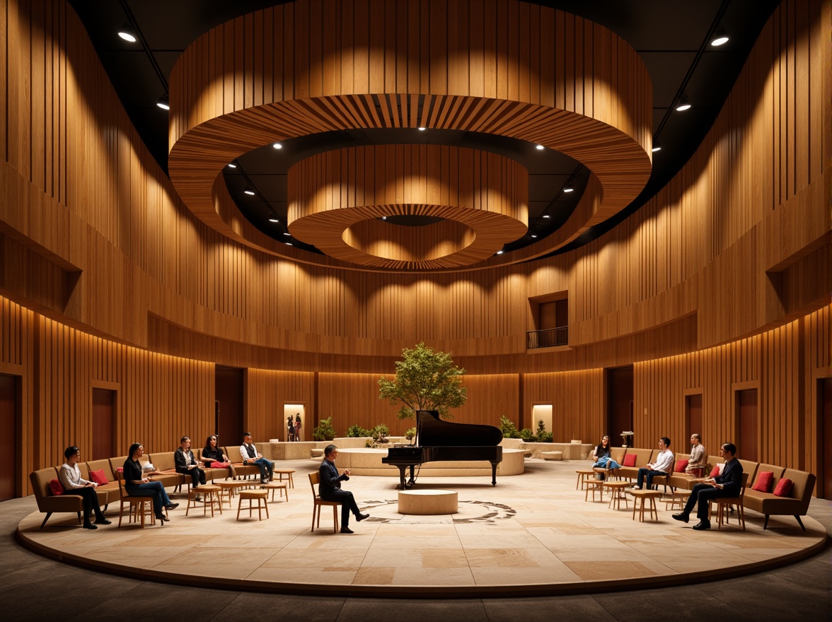 Prompt: Curved concert hall, undulating wooden walls, natural stone flooring, warm ambient lighting, acoustic panels, minimal ornamentation, flowing organic shapes, dynamic spatial experience, intimate performance setting, rich wood tones, soft cushioned seating, subtle texture variations, earthy color palette, nature-inspired patterns, circular stage design, grand piano centerpiece, dramatic ceiling heights, diffused overhead lighting, shallow depth of field, 1/1 composition, realistic reflections.