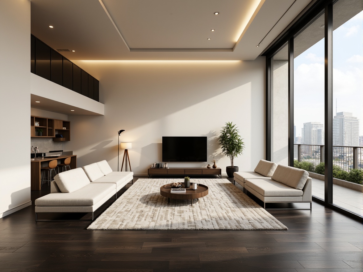 Prompt: Minimalist living room, sleek low-profile furniture, polished chrome accents, cream-colored walls, dark hardwood floors, geometric patterned rugs, floor-to-ceiling windows, sliding glass doors, urban cityscape views, soft warm lighting, 1/1 composition, shallow depth of field, realistic textures, ambient occlusion, functional decor, built-in shelving, hidden storage compartments, ergonomic seating, adjustable task lamps, monochromatic color scheme, modern Scandinavian influences.