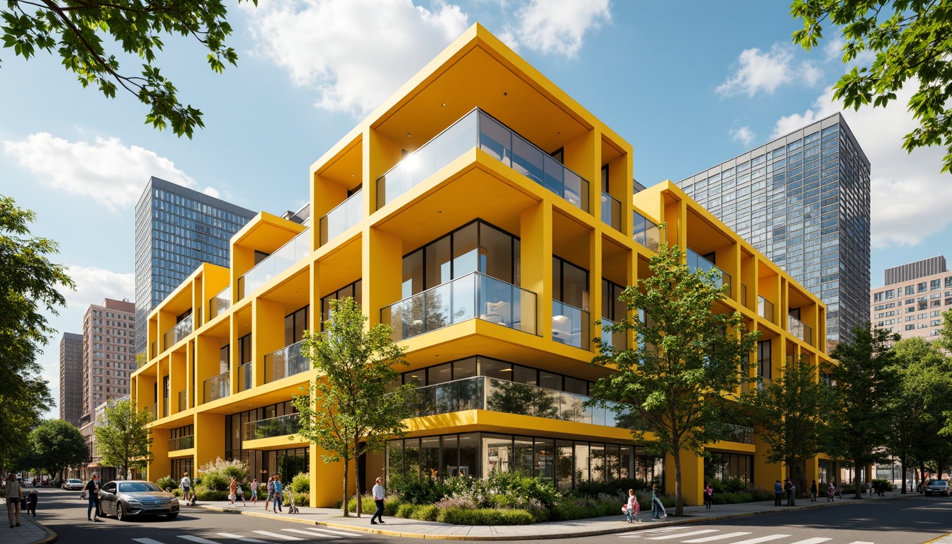 Prompt: Vibrant yellow accents, modern building facade, sunny day, bright natural light, warm atmosphere, bold architectural lines, geometric shapes, minimalist design, urban cityscape, concrete jungle, green roofs, eco-friendly materials, innovative insulation systems, LED lighting installations, dynamic reflections, shallow depth of field, 1/2 composition, cinematic view, realistic textures, ambient occlusion.