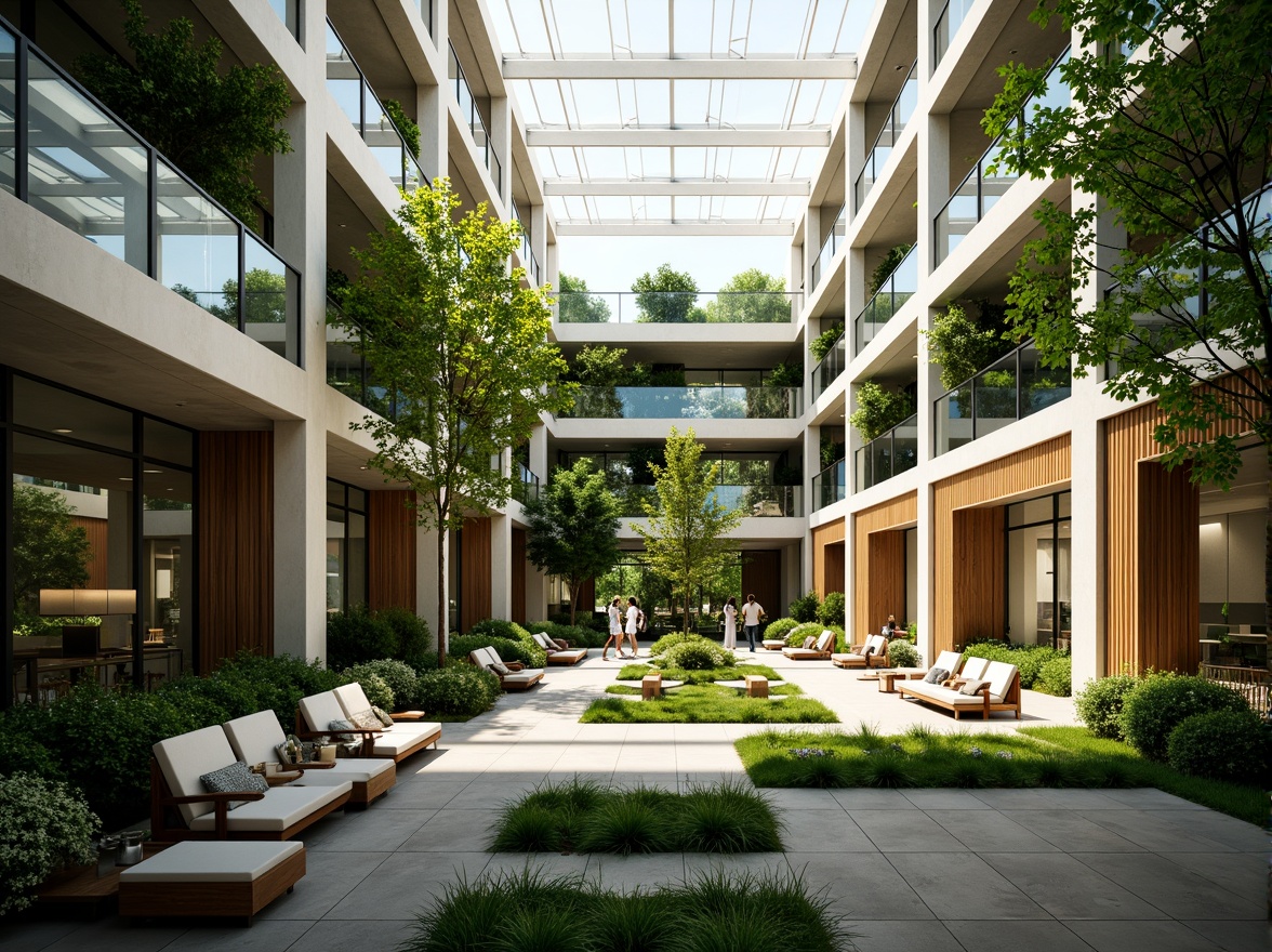 Prompt: Vibrant atrium, lush green walls, abundant natural light, sleek wooden accents, minimalist decor, floor-to-ceiling windows, transparent glass roofs, clerestory windows, open spaces, airy feel, warm ambiance, soft diffused lighting, 1/1 composition, shallow depth of field, panoramic view, realistic textures, ambient occlusion, eco-friendly materials, sustainable architecture, energy-efficient systems, organic forms, curvaceous lines, earthy tones, botanical patterns.