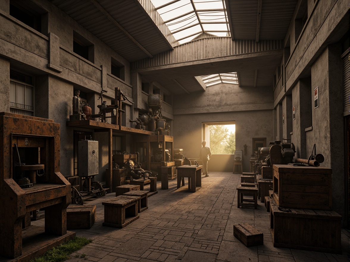 Prompt: Rustic industrial landscape, abandoned factories, worn brick textures, metal corrugated roofs, distressed concrete walls, vintage machinery, old wooden crates, dimly lit interiors, atmospheric fog, warm golden lighting, shallow depth of field, 1/2 composition, realistic rust and decay details, ambient occlusion, nostalgic atmosphere, post-industrial era, retro-futuristic elements.