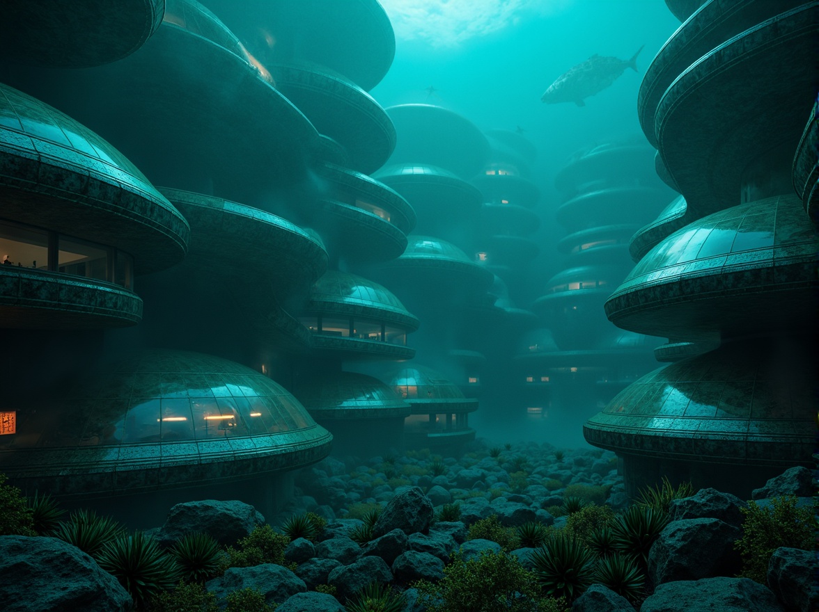 Prompt: \Mysterious underwater city, dark cyan hue, iridescent bioluminescent lights, glowing jellyfish-like structures, undulating organic architecture, transparent domes, nebula-inspired patterns, shimmering metallic accents, eerie foggy atmosphere, soft blue-green lighting, 1/1 composition, wide-angle lens, realistic reflections, ambient occlusion.\