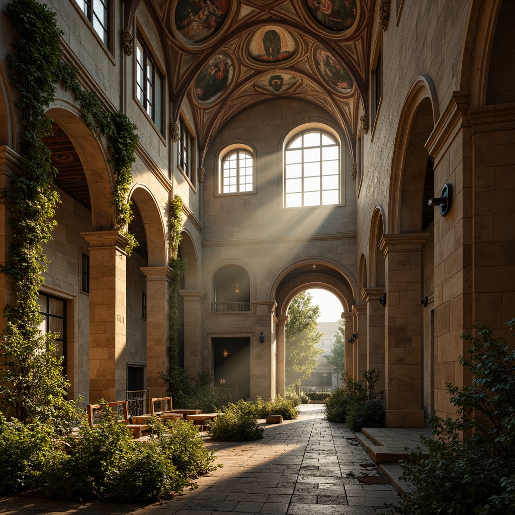 Prompt: Rustic stone walls, intricately carved arches, ornate column capitals, grandiose vaulted ceilings, stained glass windows, lavish frescoes, decorative tympanums, imposing bell towers, rugged hewn stones, earthy color palette, warm golden lighting, atmospheric mist, dramatic shadows, high-angle composition, symmetrical framing, ornamental foliage, verdant vines, blooming flowers, ancient ruins, mystical ambiance.