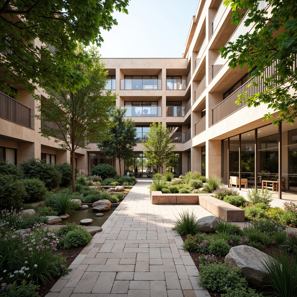 Prompt: Soothing hospital courtyard, lush greenery, vibrant flowers, serene water features, natural stone pathways, calming outdoor seating areas, modern architecture, large windows, glass doors, abundant natural light, warm earthy tones, organic textures, shallow depth of field, 3/4 composition, panoramic view, realistic ambient occlusion, peaceful atmosphere, healing environment, nature-inspired patterns, gentle color palette.