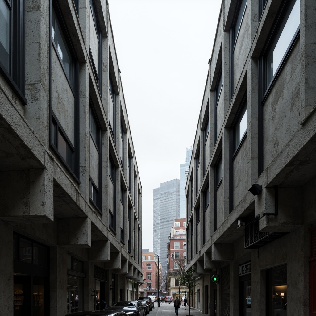 Prompt: Fortified concrete buildings, rugged brutalist facade, exposed ductwork, raw industrial textures, monumental scale, dramatic cantilevered structures, bold geometric forms, fortress-like appearance, urban cityscape, overcast sky, harsh shadows, high-contrast lighting, deep depth of field, 1/2 composition, symmetrical framing, gritty realistic render, ambient occlusion.