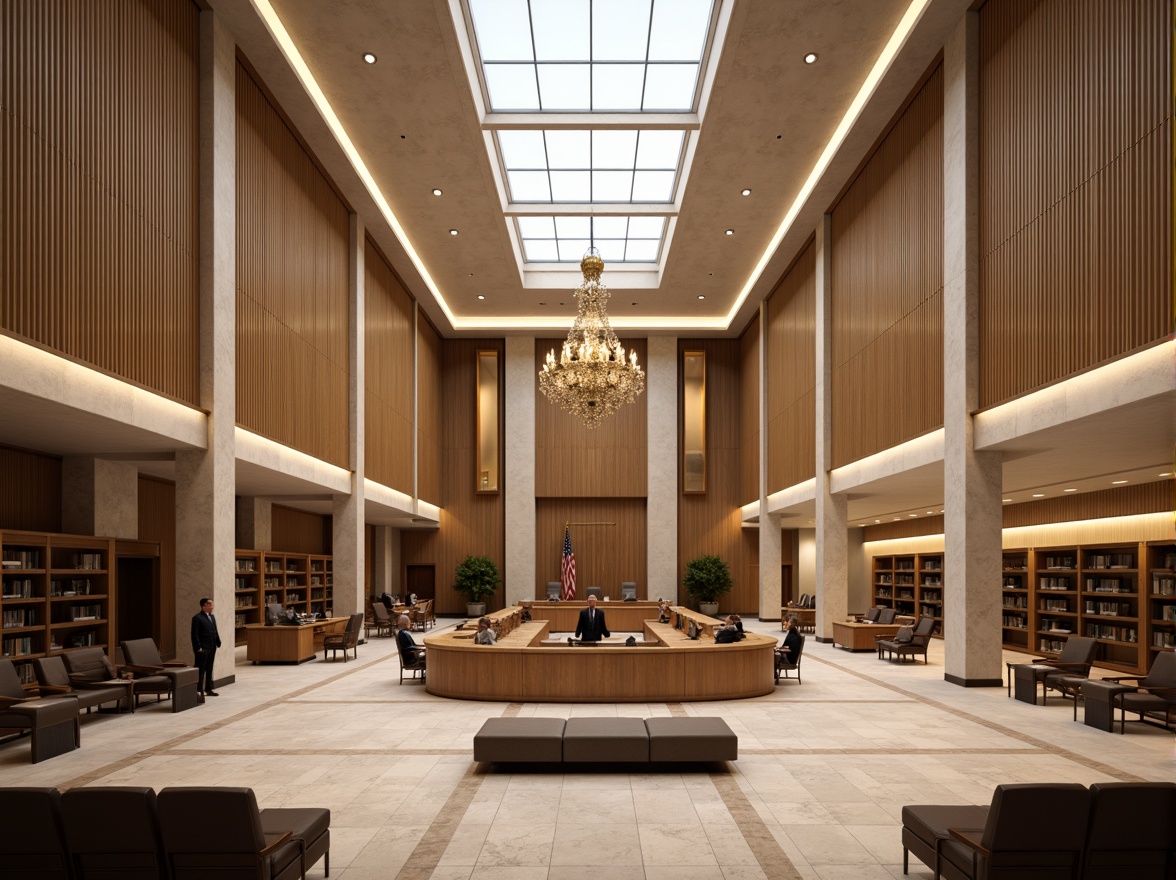 Prompt: Grand courthouse interior, high ceilings, elegant chandeliers, marble floors, wooden benches, ornate columns, natural light pouring through skylights, sophisticated law libraries, comfortable attorney offices, spacious courtrooms, modern acoustic panels, sleek metal railings, warm beige color schemes, subtle texture patterns, 1/1 composition, softbox lighting, realistic wood grain textures, ambient occlusion.